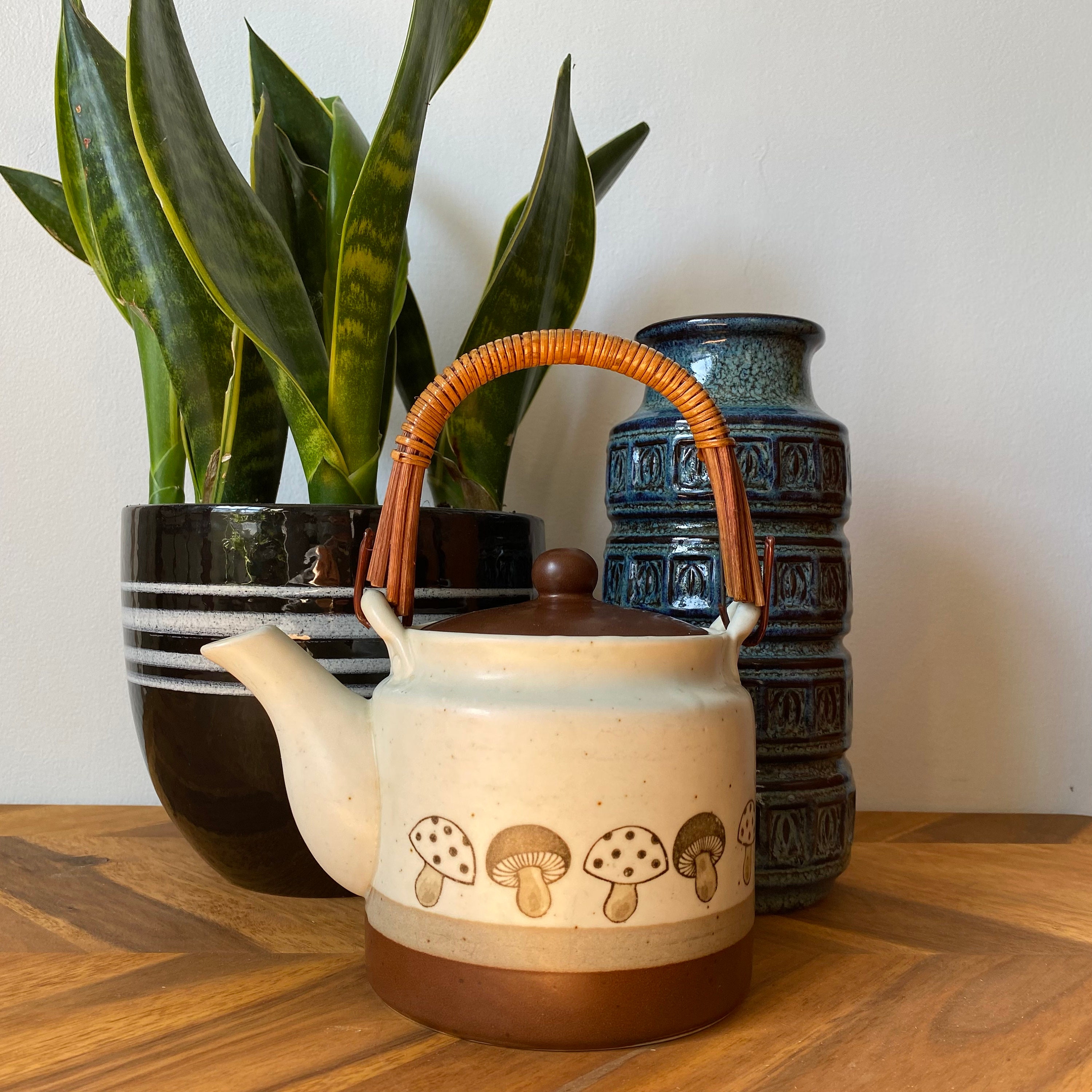 Vintage Otagiri Mushroom Teapot Wicker Handle Adorable Tea Service