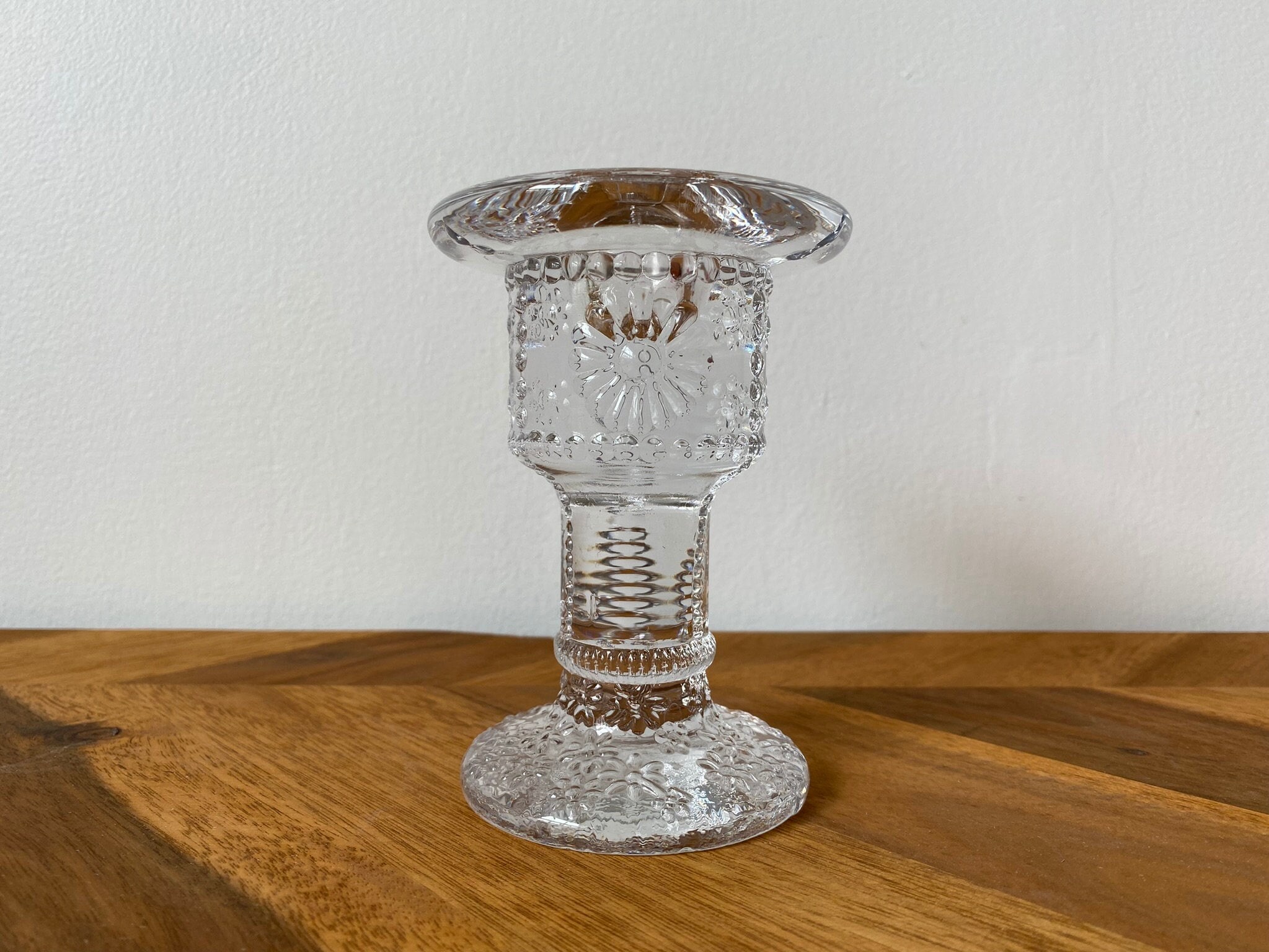 Kosta Boda Clear Glass Daisy Motif Candlestick Holder - Made in