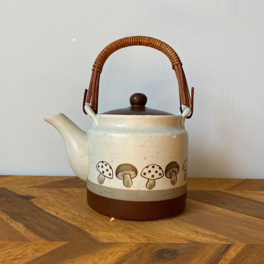 Vintage Otagiri Mushroom Teapot Wicker Handle Adorable Tea Service