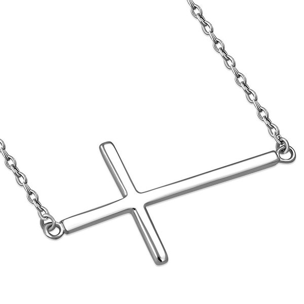 925 Sterling Silver Sideways Cross Necklace for Women - Small Dainty Side Ways Cross Faith Necklace