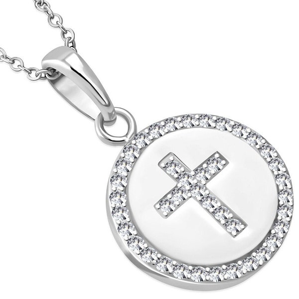 925 Sterling Silver Womens Religious Cross White CZ Classic Pendant Necklace