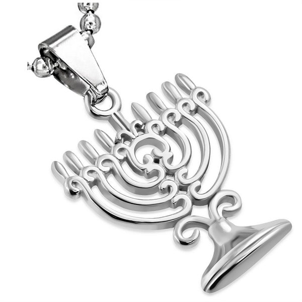 Stainless Steel Silver Yellow Gold-Tone Menorah Hanukkah Pendant Necklace