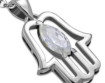 925 Sterling Silver CZ Hamsa Pendant Necklace