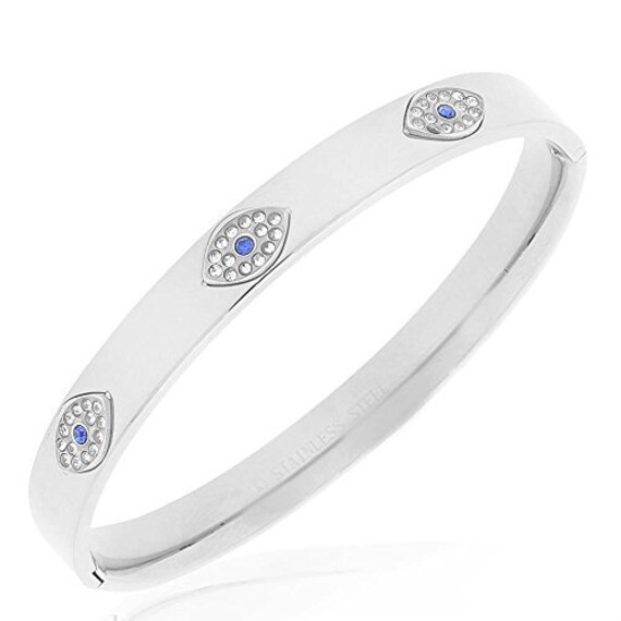 7.5 My Daily Styles Stainless Steel White Blue CZ Evil Eye Protection Bangle Bracelet 