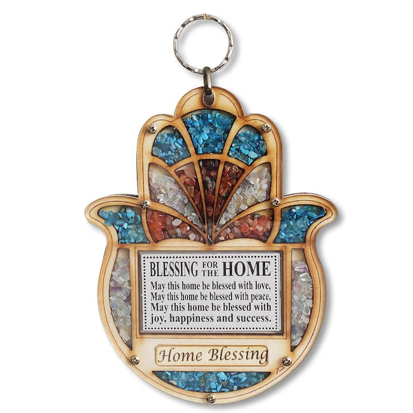 Wooden Hamsa Blessing for Home - Good Luck Home Blessing Wall Decor with Gemstones