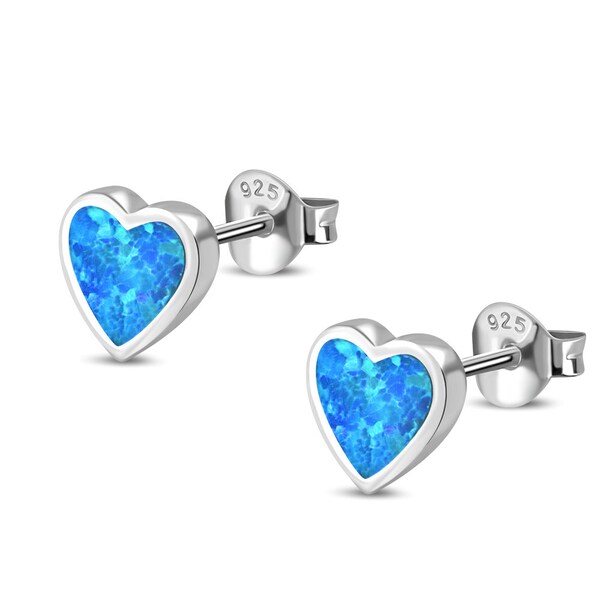 Small Girls Womens Simulated Blue Opal Heart Stud Earrings 925 Sterling Silver