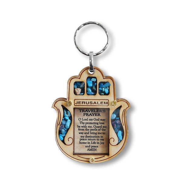 Jerusalem Wooden Hamsa Travelers Prayer Good Luck Key Chain with Turquoise - Made in Israel