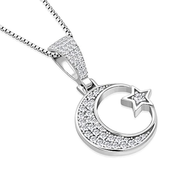 My Daily Styles 925 Sterling Silver CZ Islamic Muslim Pendant Necklace with Crescent Moon and Star Design