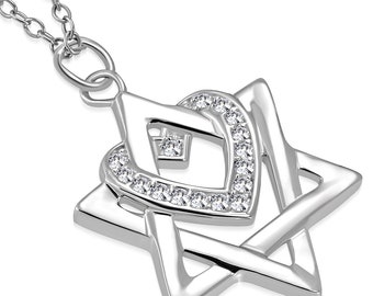 925 Sterling Silver White Clear CZ Jewish Star of David Love Heart Pendant Necklace