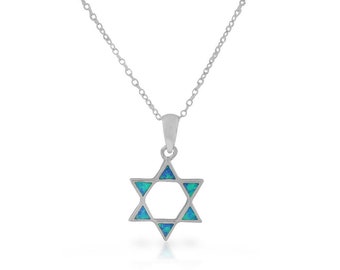 925 Sterling Silver Blue Simulated Opal Jewish Star of David Pendant Necklace, 18"
