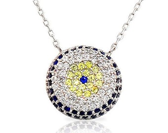 925 Sterling Silver Evil Eye Blue White Yellow CZ Pendant Necklace