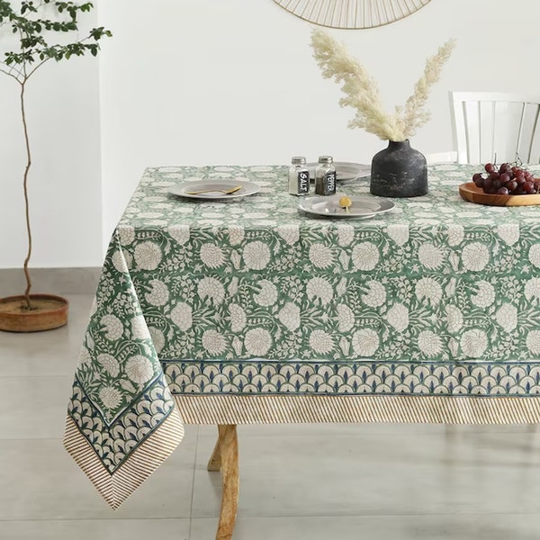 Turquoise Green, Old Moss Green and White Indian Floral Hand Block Printed Cotton Cloth Tablecloth, Table Cover, Farmhouse Wedding Christmas