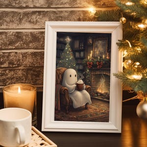 May include: A white ghost sitting in a brown armchair by a fireplace, holding a mug of hot chocolate with marshmallows. A Christmas tree is in the background, and the scene is lit by warm candlelight.