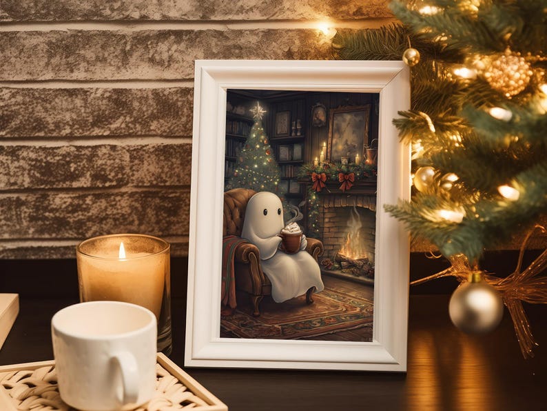 May include: A white ghost sitting in a brown armchair by a fireplace, holding a mug of hot chocolate with marshmallows. A Christmas tree is in the background, and the scene is lit by warm candlelight.