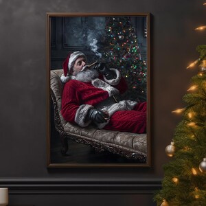 May include: A Santa Claus figure in a red suit and white beard is reclining on a chaise lounge. He is smoking a cigar and holding a glass of red liquid. A Christmas tree with colorful ornaments is in the background.