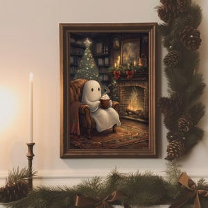 May include: A white ghost sitting in a brown armchair by a fireplace, holding a mug of hot chocolate with marshmallows. A Christmas tree is in the background.