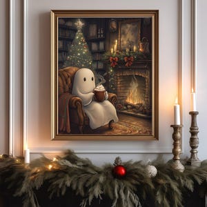 May include: A white ghost sitting in a brown armchair by a fireplace with a Christmas tree in the background. The ghost is holding a mug of hot chocolate with marshmallows.