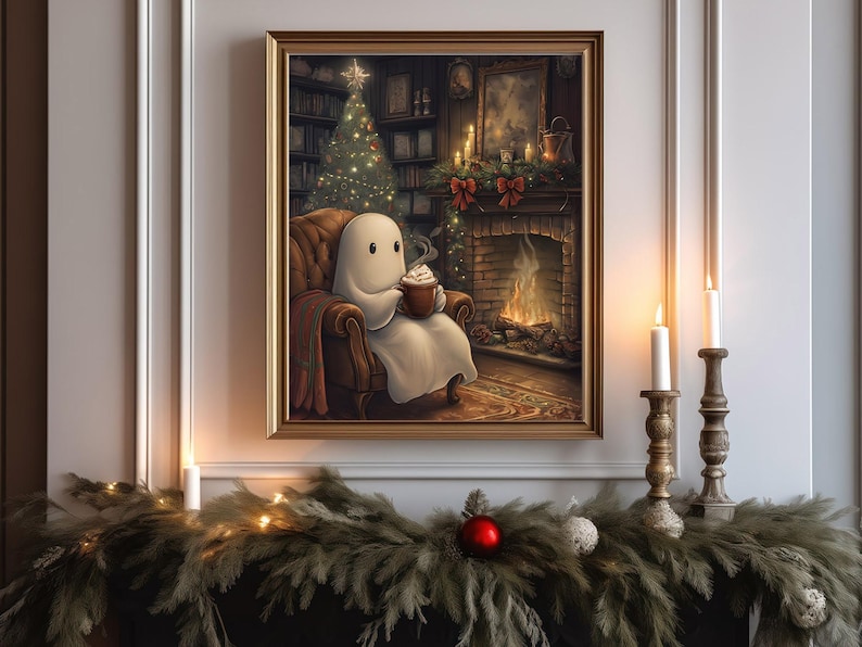 May include: A white ghost sitting in a brown armchair by a fireplace with a Christmas tree in the background. The ghost is holding a mug of hot chocolate with marshmallows.