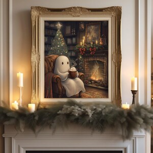May include: A painting of a ghost sitting in a chair by a fireplace with a cup of hot chocolate. The ghost is wearing a white sheet and has a friendly expression. There is a Christmas tree in the background.