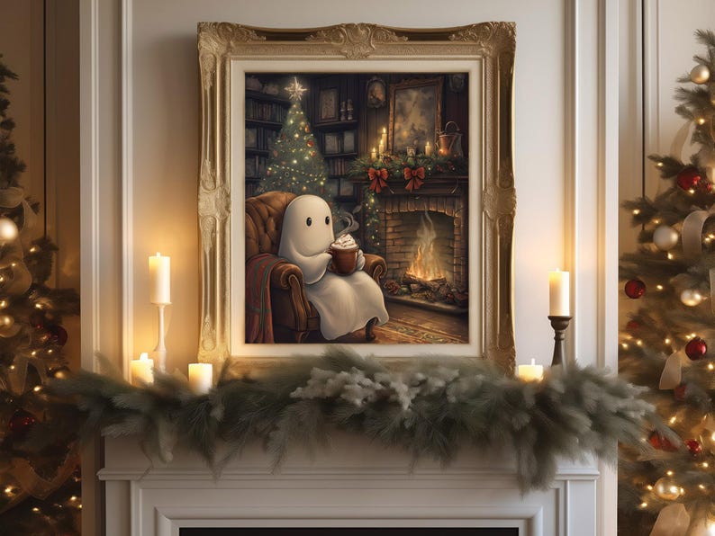 May include: A painting of a ghost sitting in a chair by a fireplace with a cup of hot chocolate. The ghost is wearing a white sheet and has a friendly expression. There is a Christmas tree in the background.