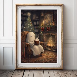 May include: A white ghost wearing a white sheet sits in a brown armchair by a fireplace. The ghost is holding a mug of hot chocolate with marshmallows. A Christmas tree is in the background.