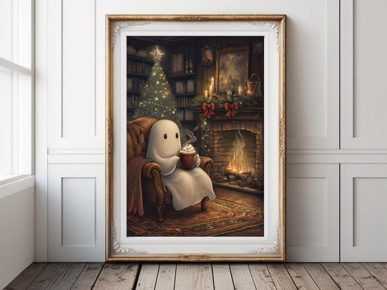 May include: A white ghost wearing a white sheet sits in a brown armchair by a fireplace. The ghost is holding a mug of hot chocolate with marshmallows. A Christmas tree is in the background.