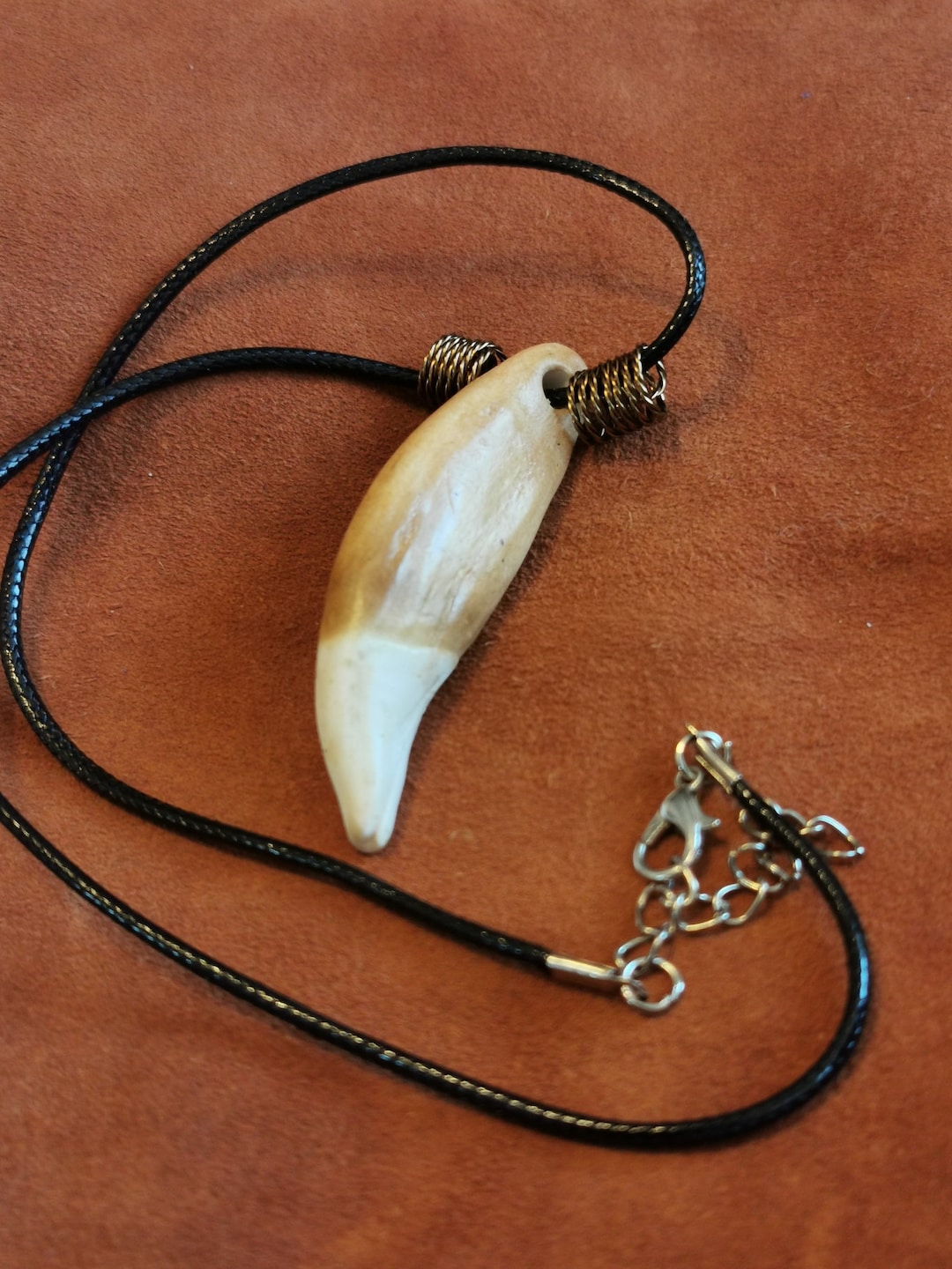 Grizzly Bear Fang Faux Tooth Replica Necklace Hand Coiled Beads