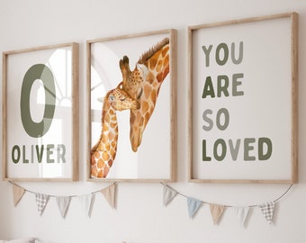 Giraffe Nursery Decor, Baby Boy Nursery Wall Decor Set of 3 Prints Personalized Nursery Wall Art Sage Green Nursery Giraffe Wall Art 302