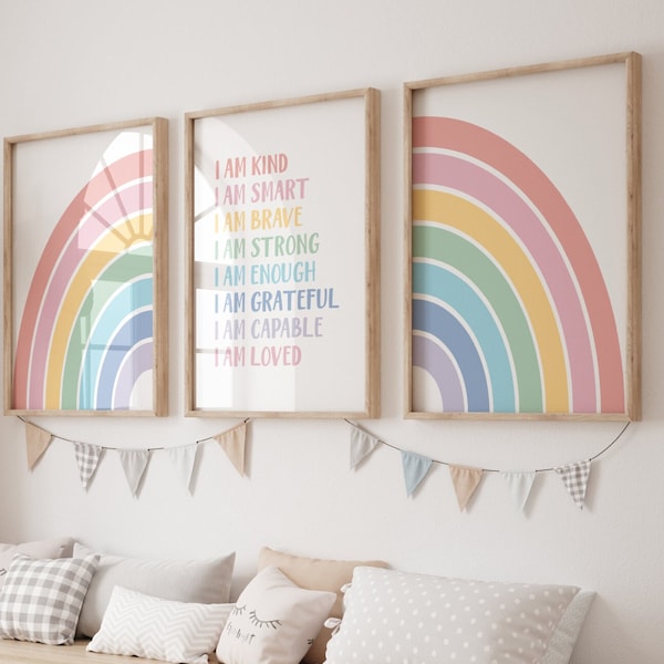 Nursery Affirmations Girl Affirmations Pastel Rainbow Decor Kid Room Wall Art Positive Affirmation I am Kind Baby Girl Room