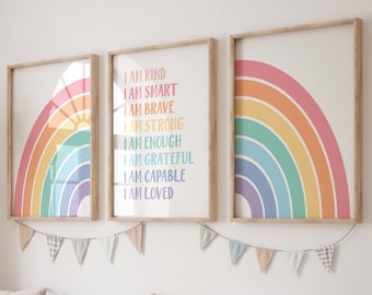 Affirmation for Kids Wall Art SET of 3 Prints, Kids Affirmation, Muted Rainbow Prints, I am enough Positive Affirmation Poster for Kids 317A