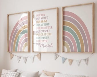 Girls Room Decor Boho Rainbow Affirmations Set of 3 Prints for Little Girl's room or Baby Girl Nursery Decor Rainbow Wall Art 358