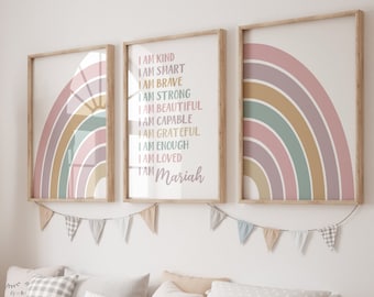 Girls Room Decor Boho Rainbow Affirmations Set of 3 Prints for Little Girl's room or Baby Girl Nursery Decor Rainbow Wall Art