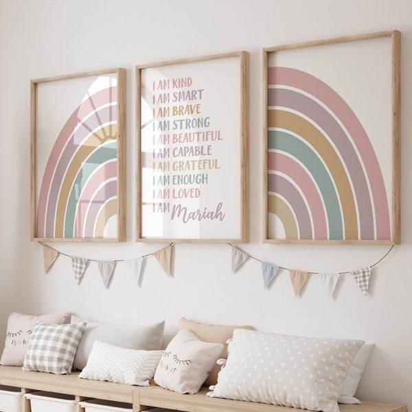 Girls Room Decor Boho Rainbow Affirmations Set of 3 Prints for Little Girl's room or Baby Girl Nursery Decor Rainbow Wall Art