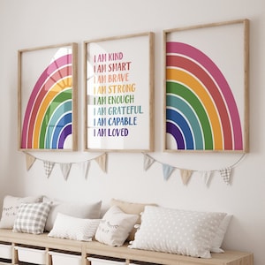 Afirmaciones positivas para niños Arte de pared para guardería Póster motivacional Arte de pared Decoración de sala de juegos con colores del arco iris Juego de 3 impresiones 317
