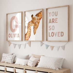 Girl Nursery Giraffe Wall Art Boho Nursery Prints Baby Girl Room Decor Personalized Set of 3 Prints Blush Pink Nursery Decor Boho Wall 364