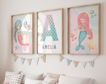 Personalized Mermaid Wall Art Set of 3 Prints for Nursery or Kids Room, Custom Mermaid Themed Room, Mermaid Prints, Baby Girl Room 380