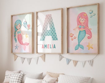 Personalized Mermaid Wall Art Set of 3 Prints for Nursery or Kids Room, Custom Mermaid Themed Room, Mermaid Prints, Baby Girl Room