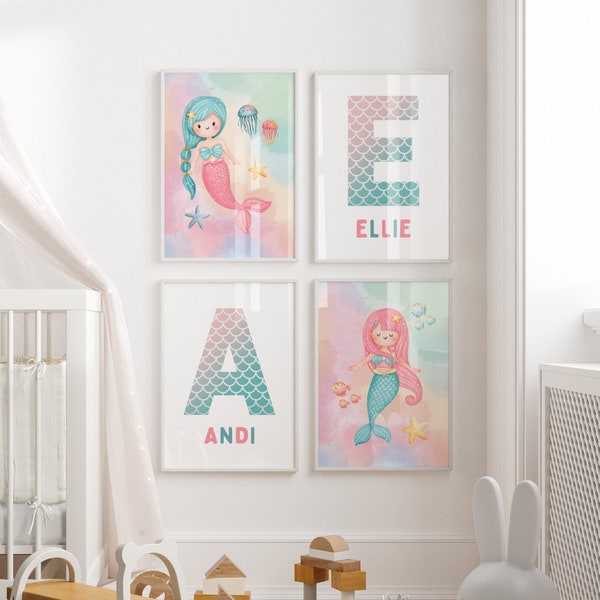 Mermaid Wall Art Set of 4 Prints for Nursery or Kids Room Custom Mermaid Themed Room Personalized Mermaid Prints Baby Girl Room