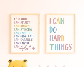 Personalized Affirmations for Kids Rainbow Affirmations Set of 2 Wall Art I am Kind Smart Loved Inspirational Kids Room Motivational Decor