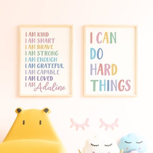 Personalized Affirmations for Kids Rainbow Affirmations Set of 2 Wall Art I am Kind Smart Loved Inspirational Kids Room Motivational Decor