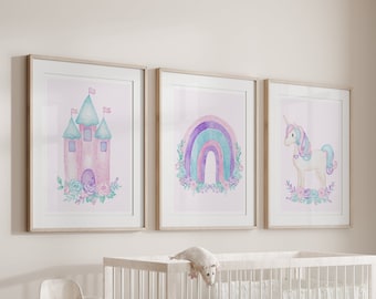 Set of 3 Unicorn Wall Art Print Nursery Wall Art Girl Room Decor Pastel Rainbow Unicorn Poster Canvas Rainbow Unicorn Theme Affirmation 304D