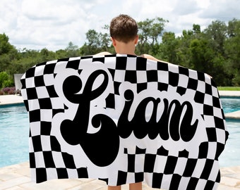 Boys Beach Towel Checkered Custom Retro Style Towel Personalized Summer Camp Gifts Custom Beach Towel Boys Towel Party Favors Vacation Gifts