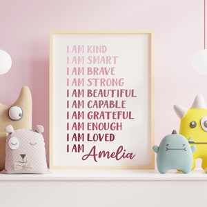 Personalized Affirmations Print Wall Art Girl Room Prints Kids Wall Decor Print I am Brave Positive Affirmations Custom Wall Art Kid 100A