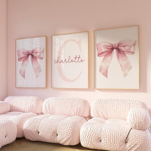 Pink Bow Wall Art, Custom Initial Name Art, Pink Girly Art, Pink Nursery Set of 3, Pink Bow Watercolor Print, Pink Bow Decor 422H