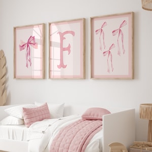 Pink Bow Wall Art, Custom Initial Art, Pink Girly Art, Pink Nursery Set of 3, Pink Bow Watercolor Print Girl Nursery Decor 431