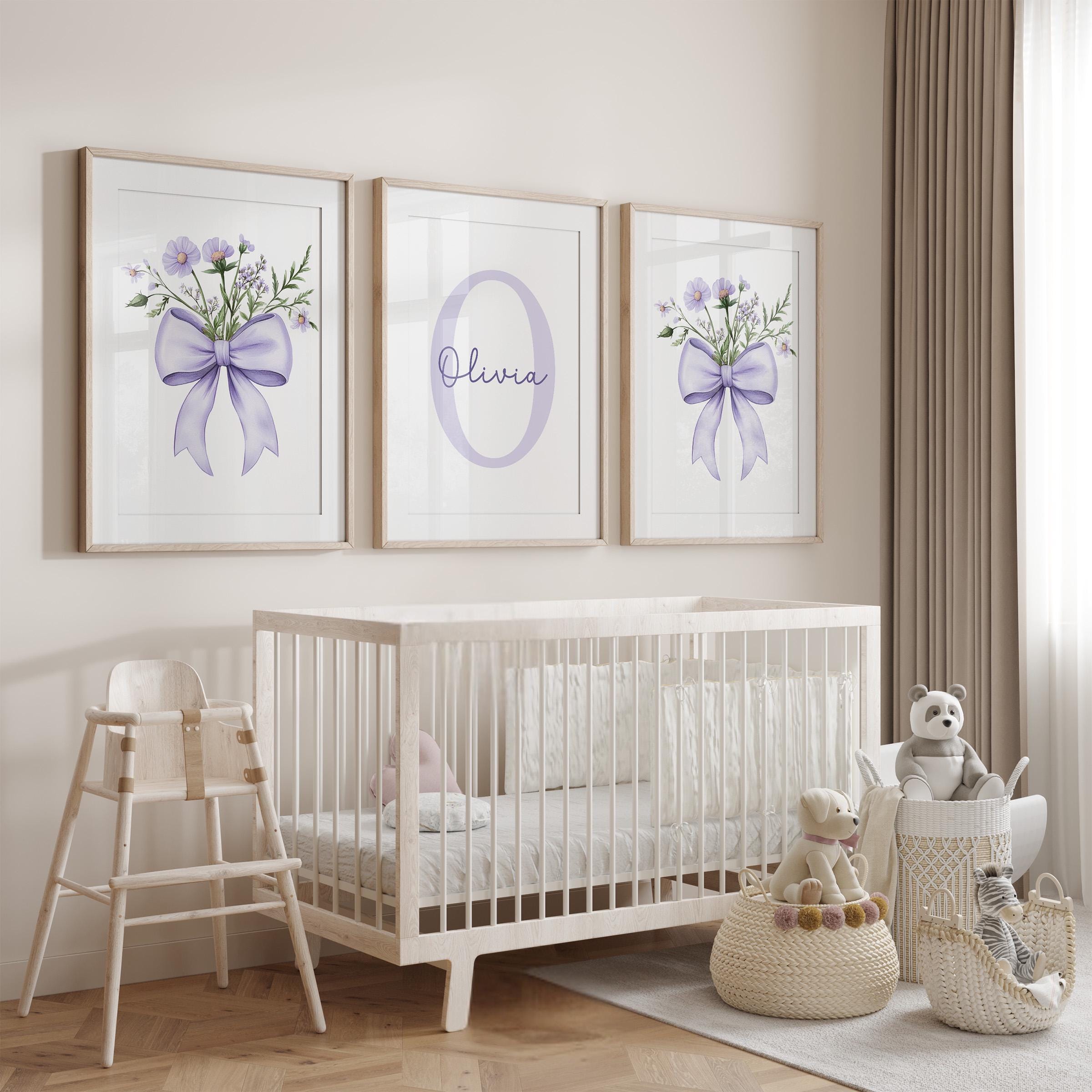 Purple Bow Prints, Floral Nursery Decor, Girl Nursery Wall Art, Purple ...