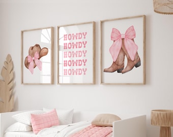 Cowgirl Wall Art, Cowgirl Boots Wall Art, Pink Howdy Prints, Coquette Bow, Set of 3, Teen Girl Room Decor, Cowgirl Poster 381C