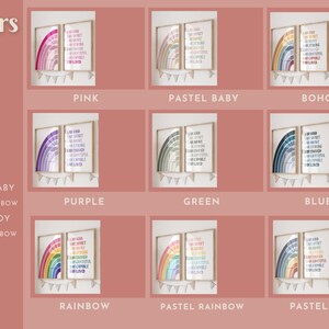 May include: A set of nine printable wall art designs featuring rainbow illustrations with positive affirmations. The designs are available in various colour palettes, including pink, purple, green, blue, rainbow, pastel baby, pastel rainbow, and pastel boy.