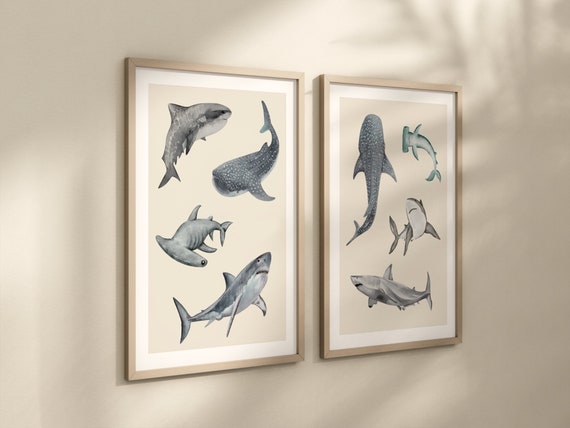 Set of 2 Shark Wall Art Prints: Watercolor Marine Decor, Shark Poster | 200