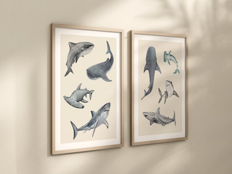 May include: Two framed art prints featuring watercolor illustrations of various shark species in shades of gray and blue. The sharks are depicted in different poses against a cream-colored background, with light brown wooden frames.